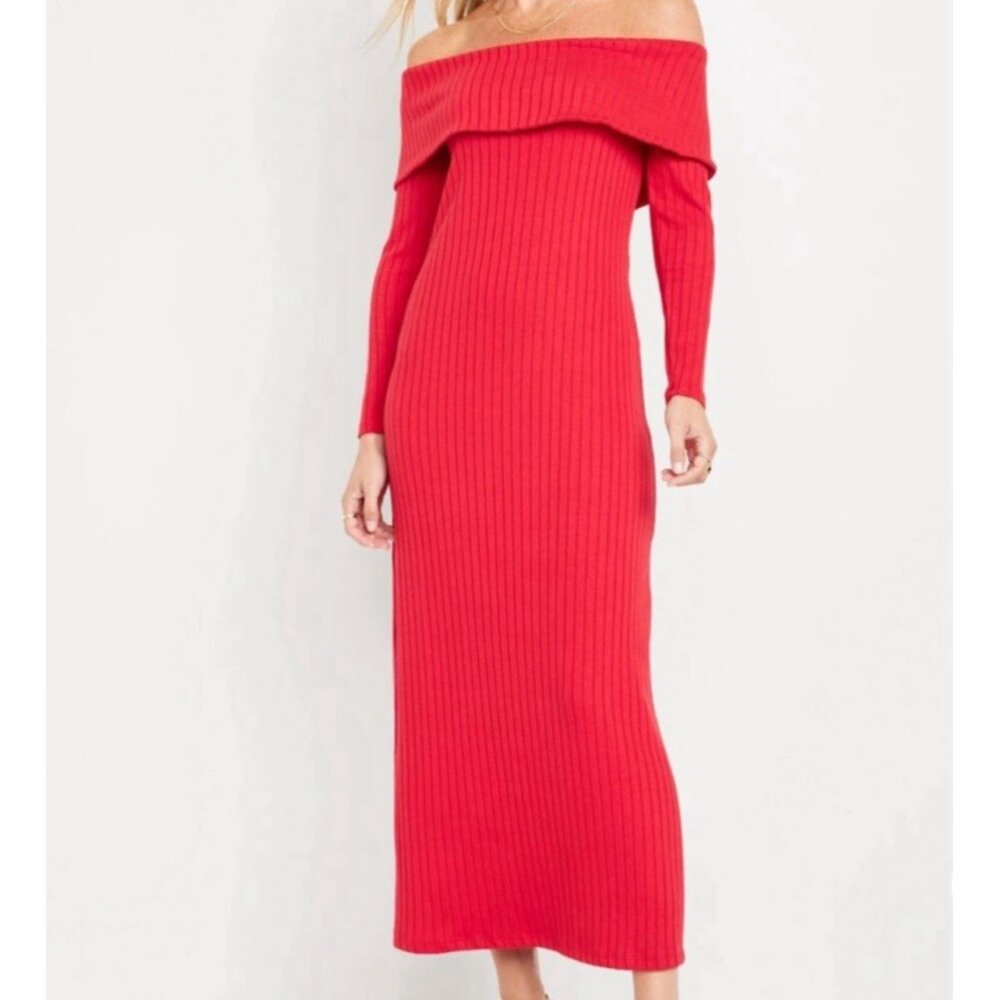 NWT Old Navy Dress Womens Medium Red Off Shoulder Ribbed Knit Maxi Holiday Long